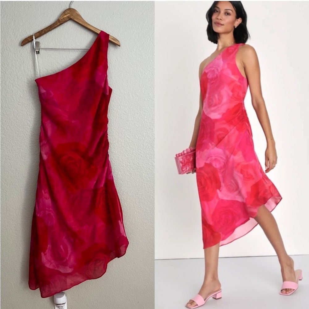 Lulus one shoulder red and pink floral asymmetrical dress